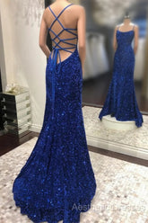 Blue Sequins Long Evening Prom Dresses Mermaid Evening Dresses